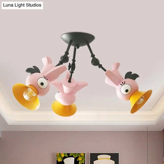 Cartoon Bird Pendant Ceiling Light For Childrens Room - 3-Light Pink/Blue/Yellow Metal Hanging