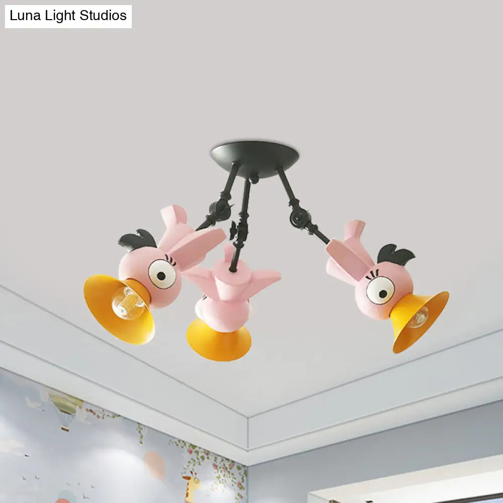 Cartoon Bird Pendant Ceiling Light For Children’s Room - 3 - Light Pink/Blue/Yellow Metal Hanging