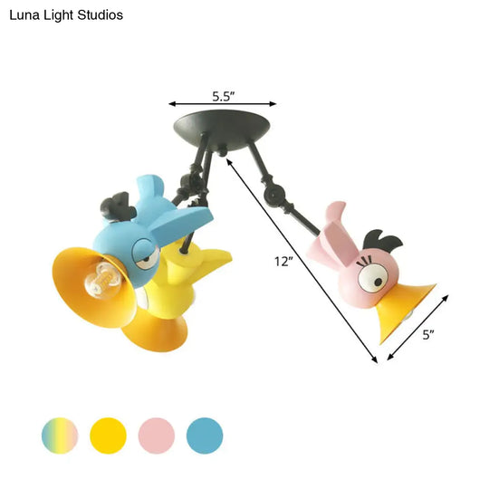 Cartoon Bird Pendant Ceiling Light For Childrens Room - 3-Light Pink/Blue/Yellow Metal Hanging