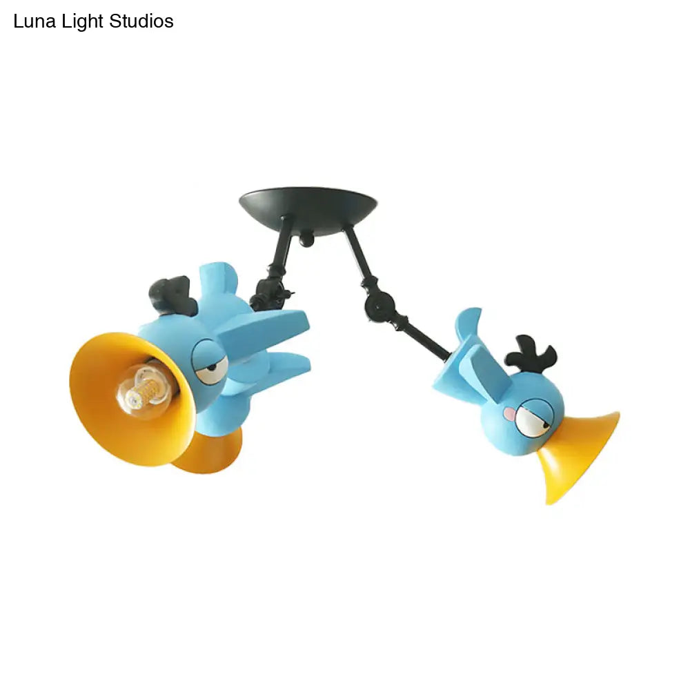 Cartoon Bird Pendant Ceiling Light For Children’s Room - 3 - Light Pink/Blue/Yellow Metal Hanging