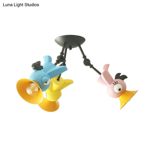 Cartoon Bird Pendant Ceiling Light For Childrens Room - 3-Light Pink/Blue/Yellow Metal Hanging