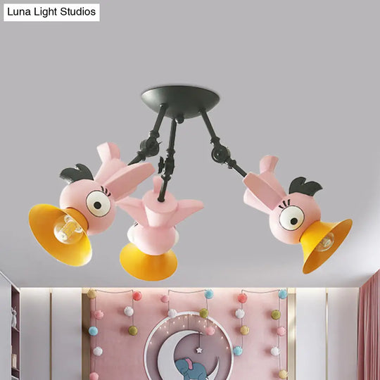 Cartoon Bird Pendant Ceiling Light For Childrens Room - 3-Light Pink/Blue/Yellow Metal Hanging