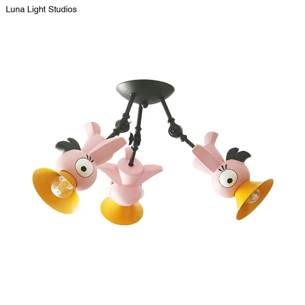 Cartoon Bird Pendant Ceiling Light For Childrens Room - 3-Light Pink/Blue/Yellow Metal Hanging