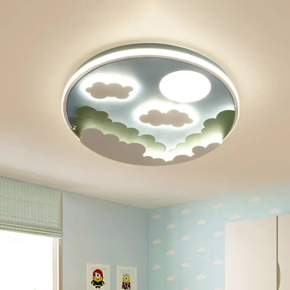 Cartoon Blue Led Flush Mount Nursery Ceiling Lamp With Cloud And Moon Acrylic Shade