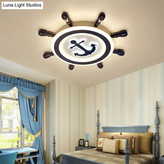 Cartoon Blue Led Nursery Flush Mount: Rudder Wooden Mount Lighting Fixture