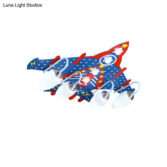 Cartoon Blue Plane Flush Mount Ceiling Light With 4 Lights For Kids’ Bedroom