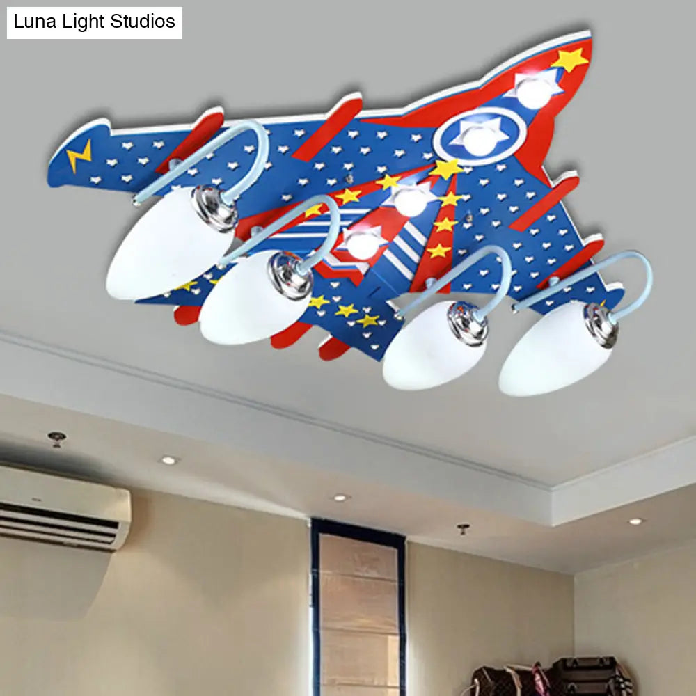 Cartoon Blue Plane Flush Mount Ceiling Light With 4 Lights For Kids’ Bedroom