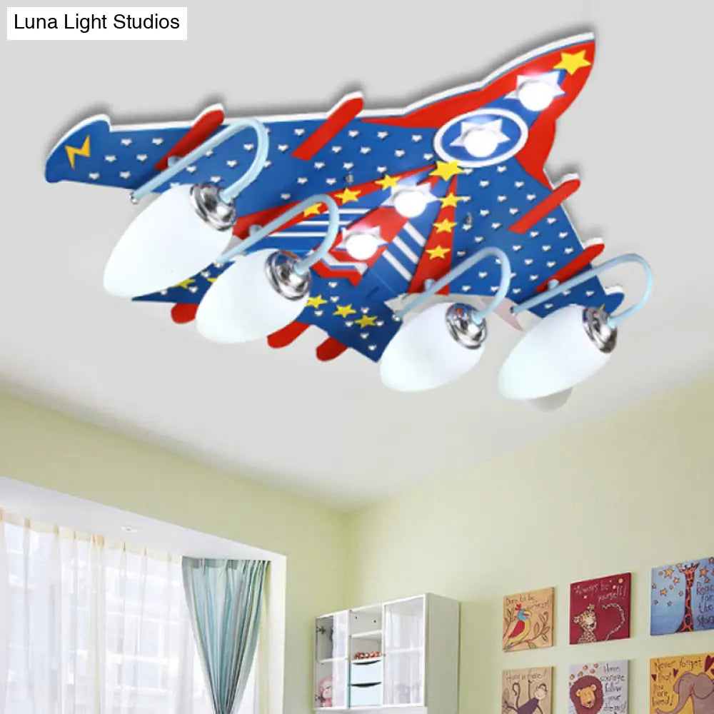 Cartoon Blue Plane Flush Mount Ceiling Light With 4 Lights For Kids Bedroom