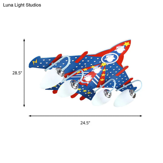 Cartoon Blue Plane Flush Mount Ceiling Light With 4 Lights For Kids’ Bedroom