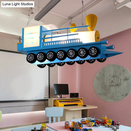 Cartoon Blue Train Pendant Light: Metal Chandelier For Kindergarten