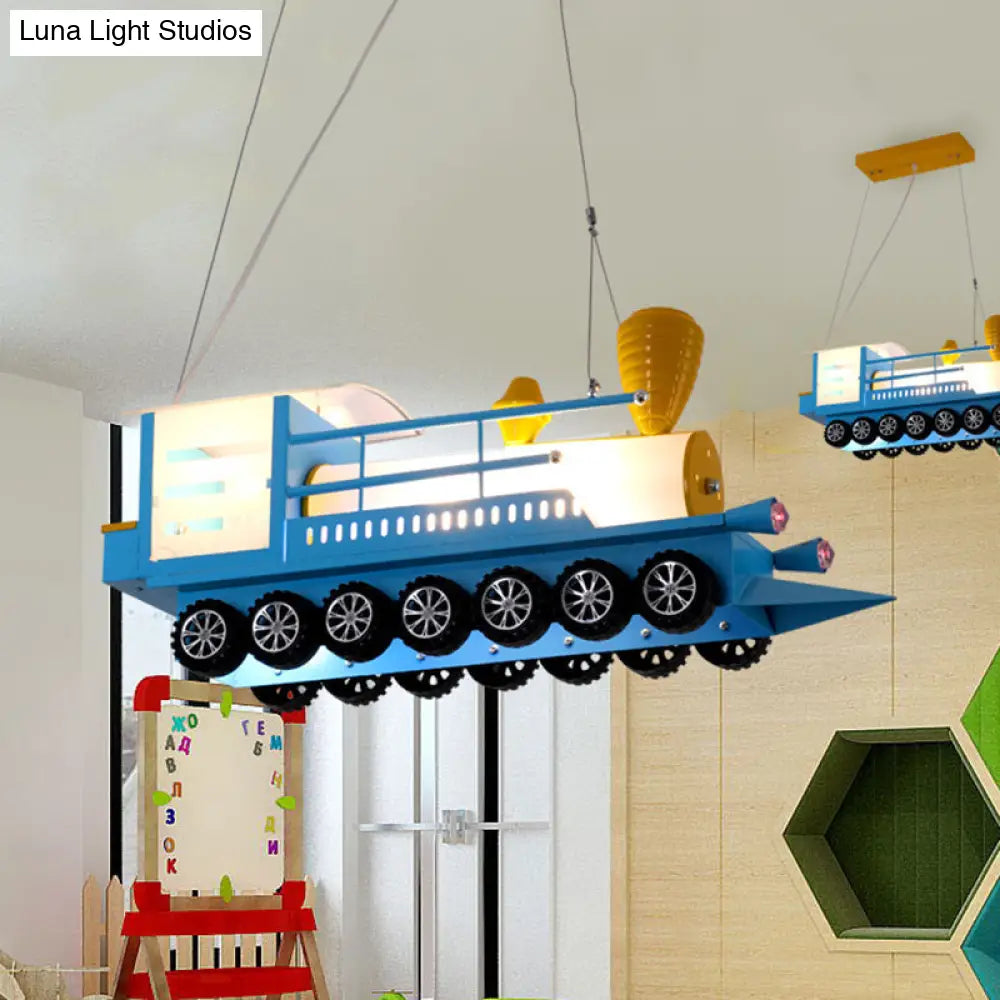 Cartoon Blue Train Pendant Light: Metal Chandelier For Kindergarten