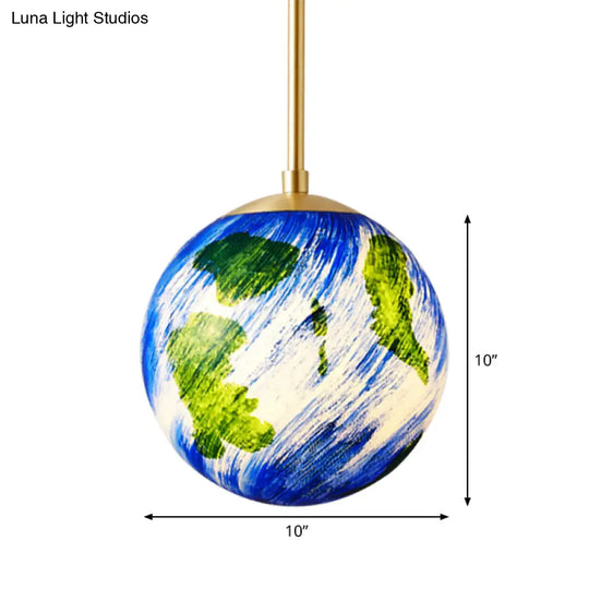 Cartoon Brass Pendulum Lamp With Blue Glass Shade - 1 Light Bedside Suspension 6/10 Wide