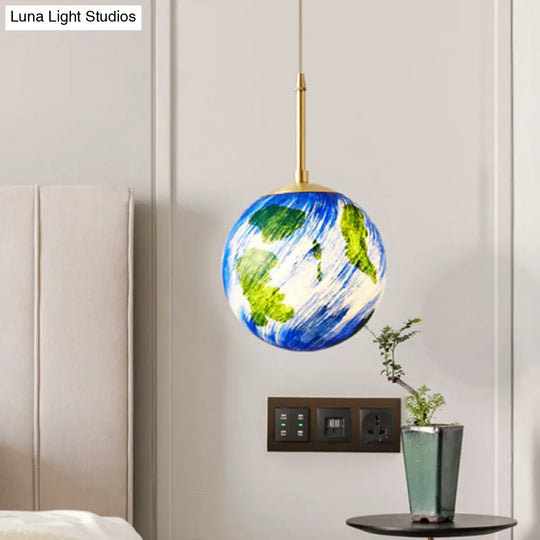 Cartoon Brass Pendulum Lamp With Blue Glass Shade - 1 Light Bedside Suspension 6/10 Wide