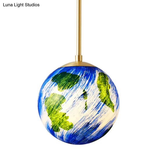 Cartoon Brass Pendulum Lamp With Blue Glass Shade - 1 Light Bedside Suspension 6/10 Wide