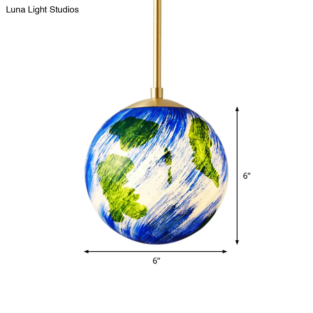 Cartoon Brass Pendulum Lamp With Blue Glass Shade - 1 Light Bedside Suspension 6/10 Wide