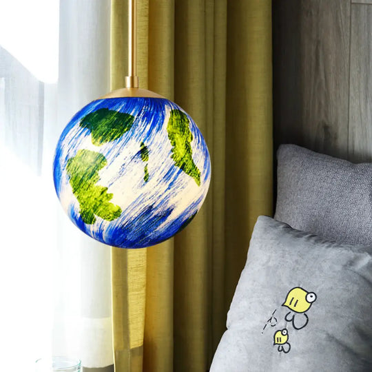 Cartoon Brass Pendulum Lamp With Blue Glass Shade - 1 Light Bedside Suspension 6/10 Wide / Small