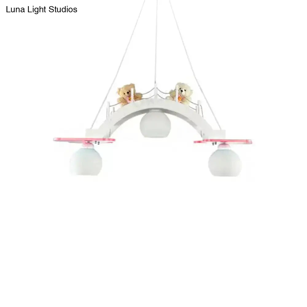 Cartoon Bridge Pendant Light With Toy Bear - 3 Lights Hanging For Girls Bedroom