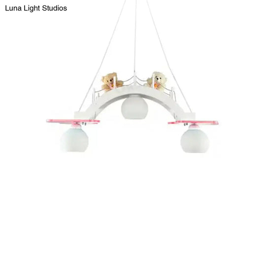 Cartoon Bridge Pendant Light With Toy Bear - 3 Lights Hanging For Girls Bedroom