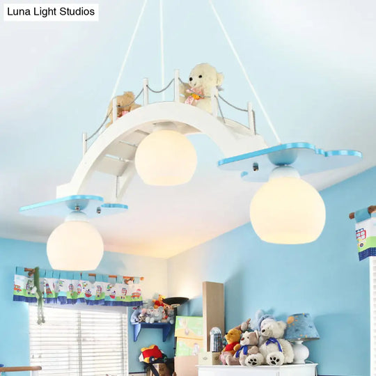 Cartoon Bridge Pendant Light With Toy Bear - 3 Lights Hanging For Girls Bedroom