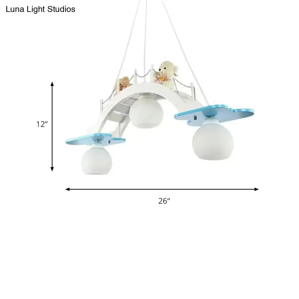 Cartoon Bridge Pendant Light With Toy Bear - 3 Lights Hanging For Girls Bedroom