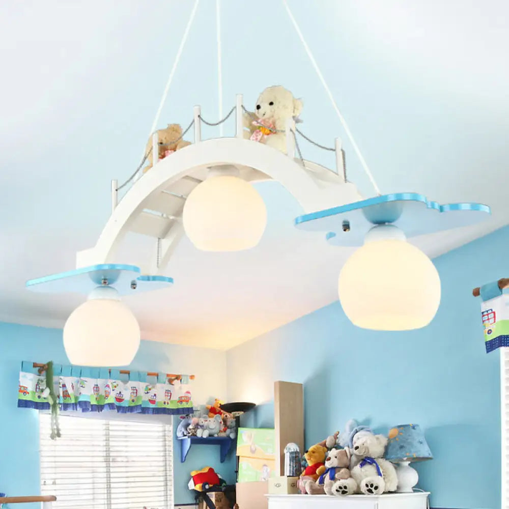 Cartoon Bridge Pendant Light With Toy Bear - 3 Lights Hanging For Girls Bedroom Blue