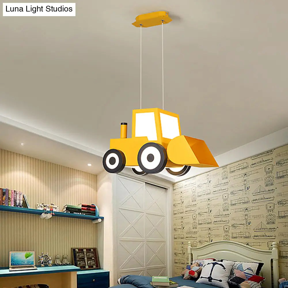 Cartoon Bulldozer Led Chandelier: Metal Lighting Fixture For Boys Bedroom