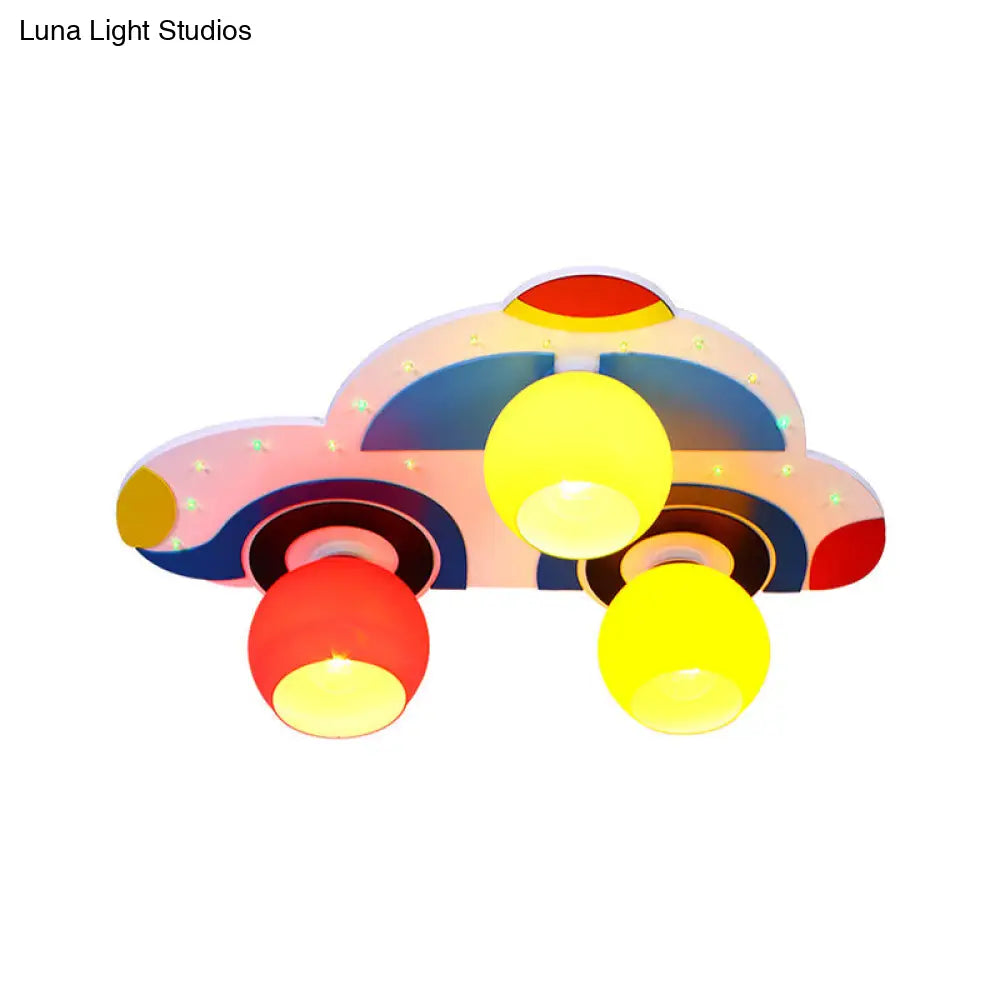 Cartoon Car Ceiling Lamp For Childs Bedroom - 3 Glass Head Design Multi-Color Flush Mount Light