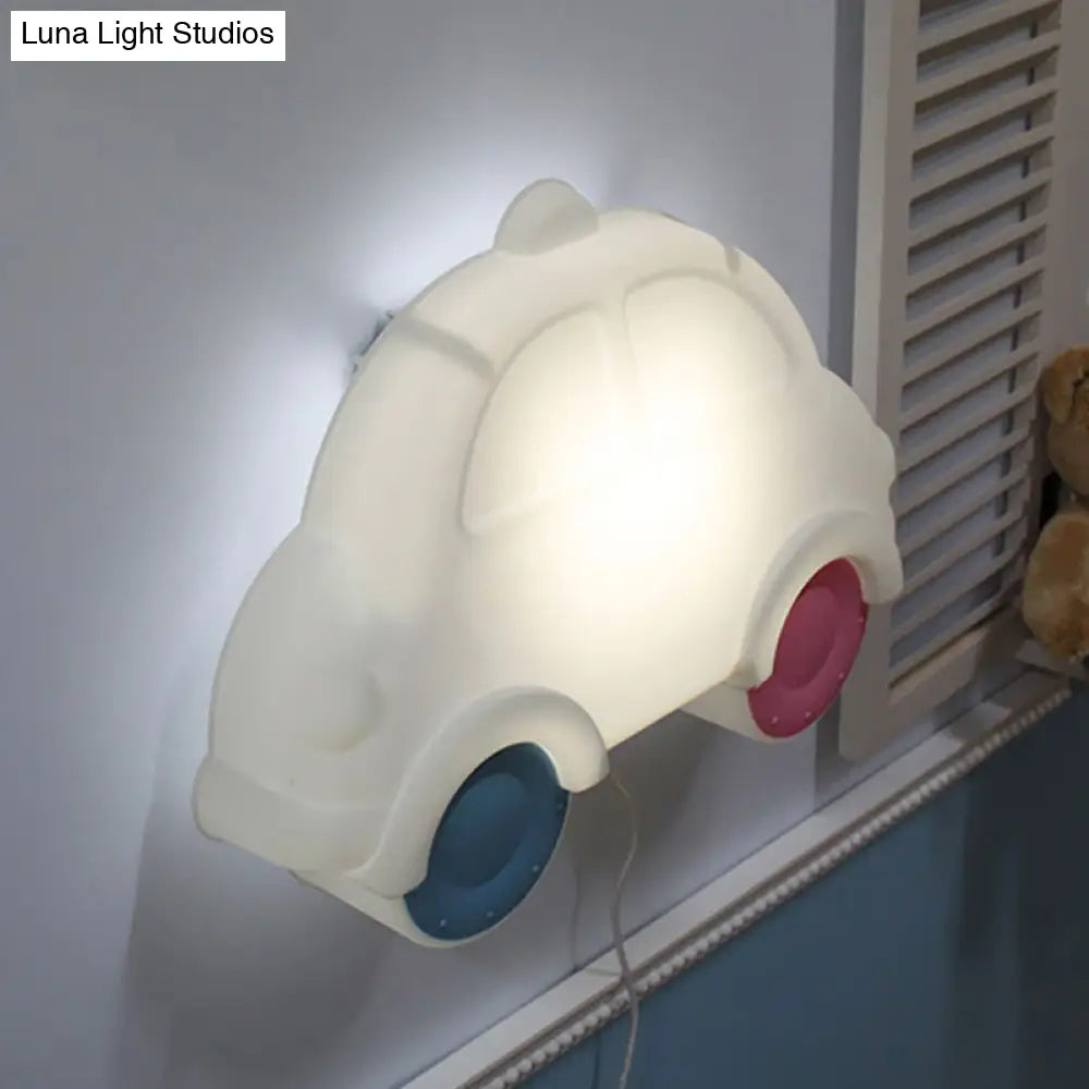 Cartoon Car Corner Wall Sconce - Led Plastic Lamp Fixture In White-Blue-Pink