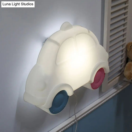 Cartoon Car Corner Wall Sconce - Led Plastic Lamp Fixture In White-Blue-Pink