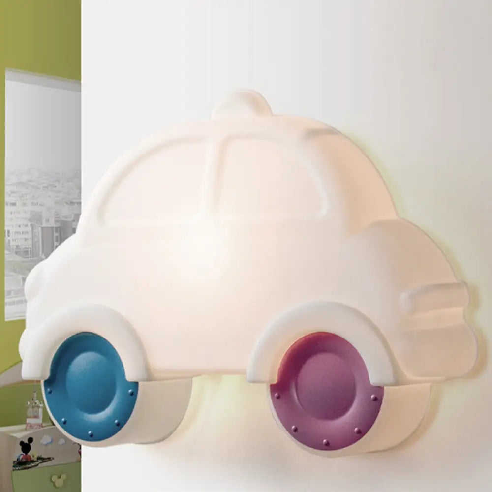 Cartoon Car Corner Wall Sconce - Led Plastic Lamp Fixture In White-Blue-Pink White