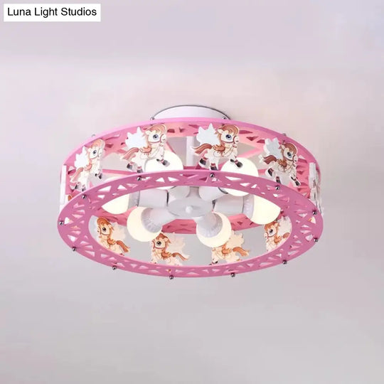 Cartoon Carousel Ceiling Lamp With 6 Metal Lights For Kids Bedrooms
