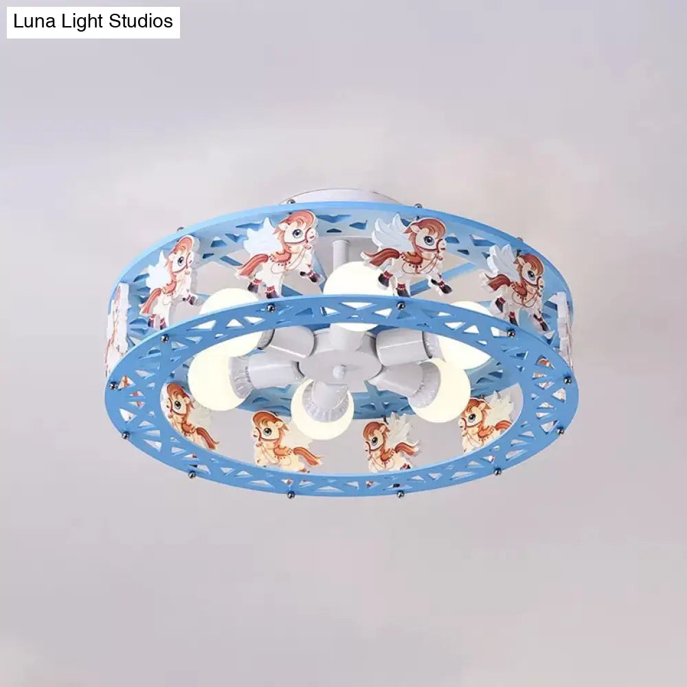 Cartoon Carousel Ceiling Lamp With 6 Metal Lights For Kids Bedrooms Blue