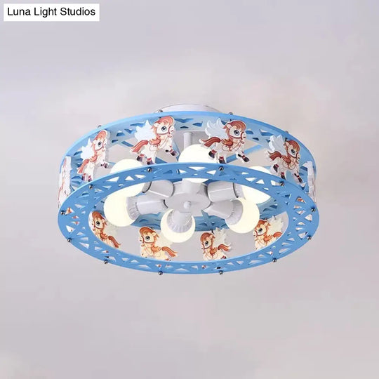 Cartoon Carousel Ceiling Lamp With 6 Metal Lights For Kids Bedrooms Blue