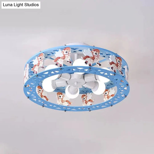 Cartoon Carousel Ceiling Lamp With 6 Metal Lights For Kids Bedrooms