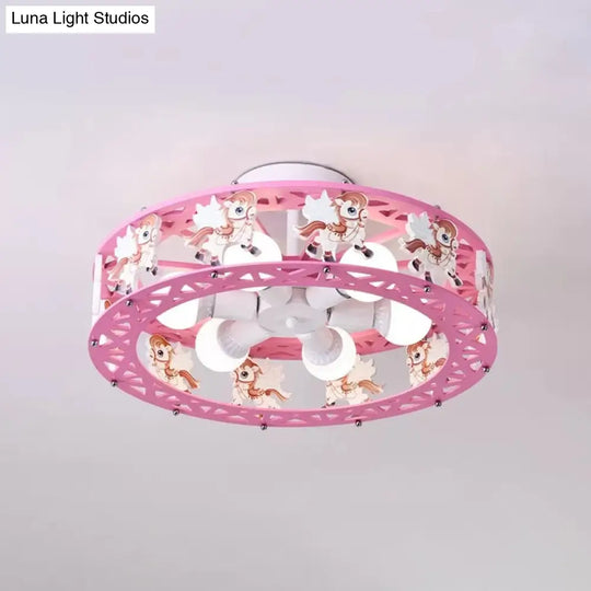 Cartoon Carousel Ceiling Lamp With 6 Metal Lights For Kids Bedrooms Pink