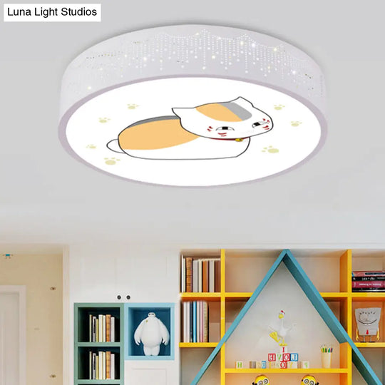 Cartoon Cat Led Flushmount Light For Kids Room Ceiling In Blue/White White