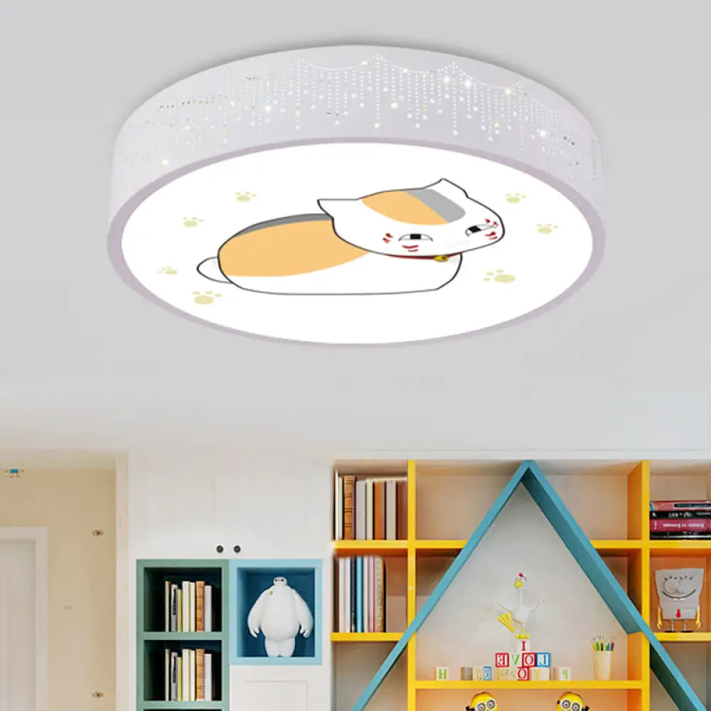 Cartoon Cat Led Flushmount Light For Kids Room Ceiling In Blue/White White