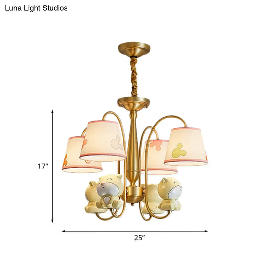 Cartoon Chandelier Light: Brass Finish Curved Arm With 4 Lights Fabric Shade And Dog Decor