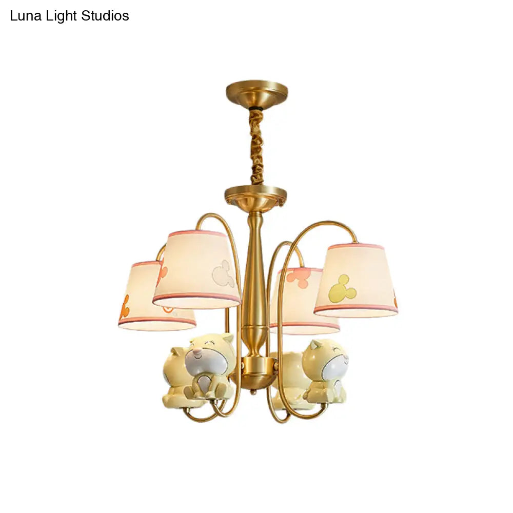 Cartoon Chandelier Light: Brass Finish Curved Arm With 4 Lights Fabric Shade And Dog Decor