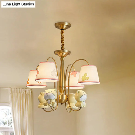 Cartoon Chandelier Light: Brass Finish Curved Arm With 4 Lights Fabric Shade And Dog Decor