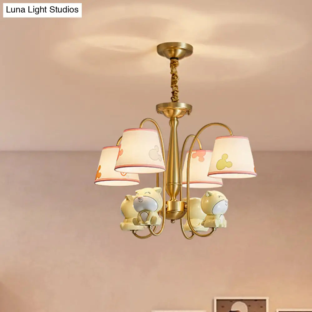 Cartoon Chandelier Light: Brass Finish Curved Arm With 4 Lights Fabric Shade And Dog Decor