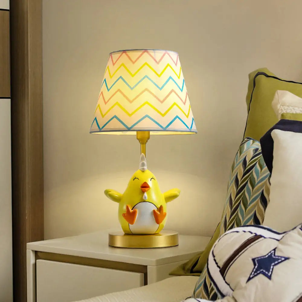 Cartoon Chicken Nightstand Lamp - Single-Bulb Bedside Table Light With Tapered Fabric Shade Yellow