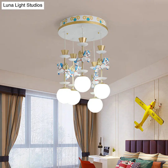 Cartoon Cluster Pendant: Globe Bedroom Ceiling Light In Pink/Blue - Glass 3/5 Heads