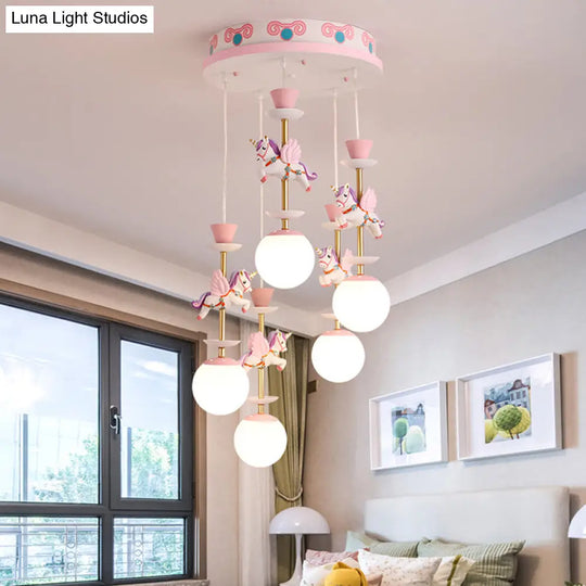 Cartoon Cluster Pendant: Globe Bedroom Ceiling Light In Pink/Blue - Glass 3/5 Heads