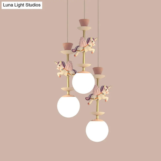 Cartoon Cluster Pendant: Globe Bedroom Ceiling Light In Pink/Blue - Glass 3/5 Heads