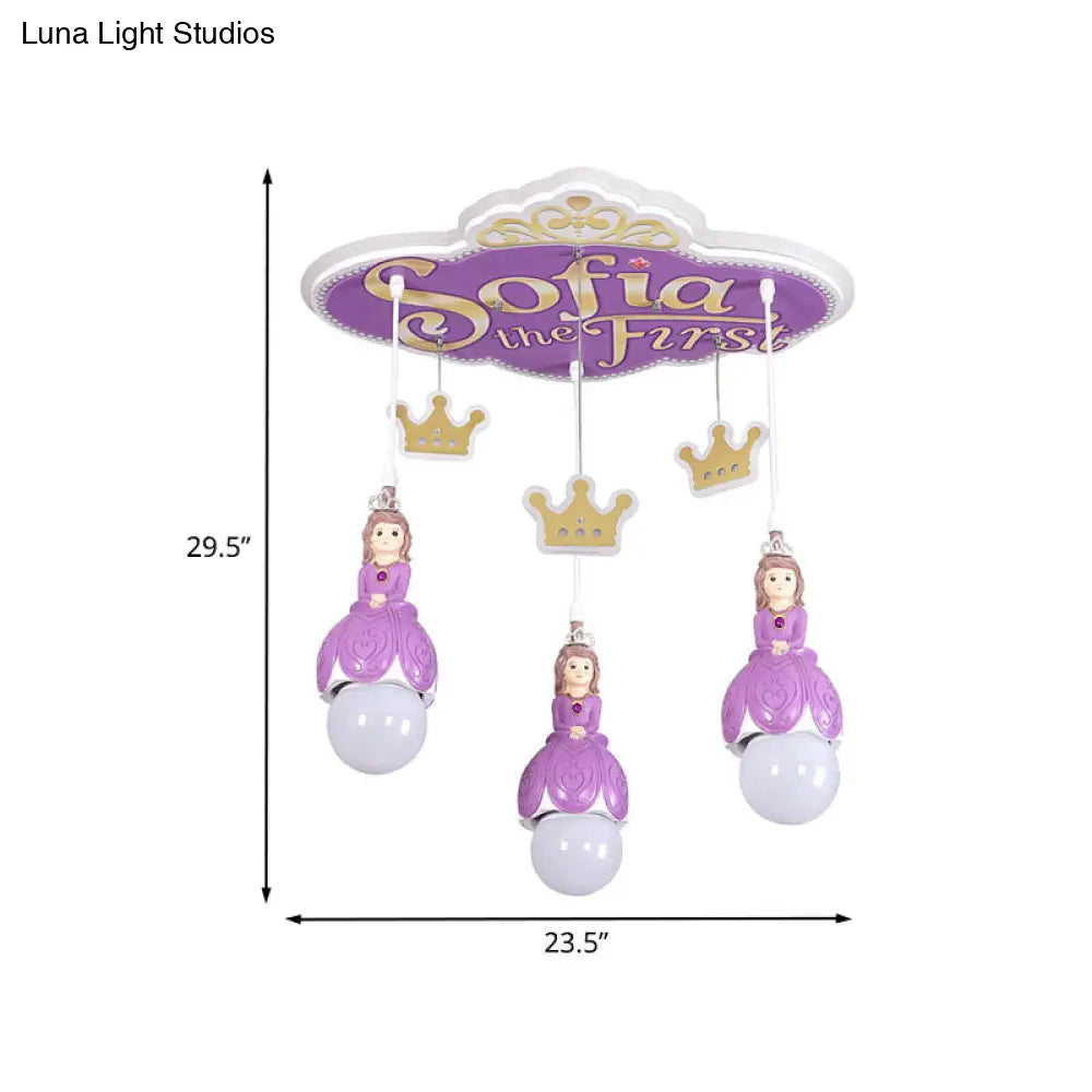 Cartoon Cluster Pendant Lamp - Purple Princess Crown Ceiling Light With 3 Metal Heads For Nursery