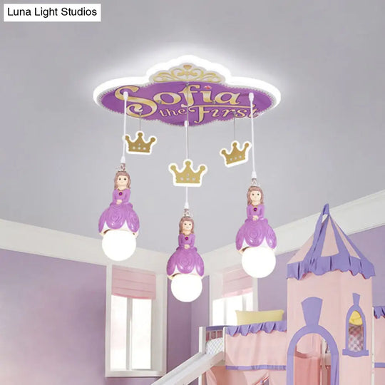 Cartoon Cluster Pendant Lamp - Purple Princess Crown Ceiling Light With 3 Metal Heads For Nursery