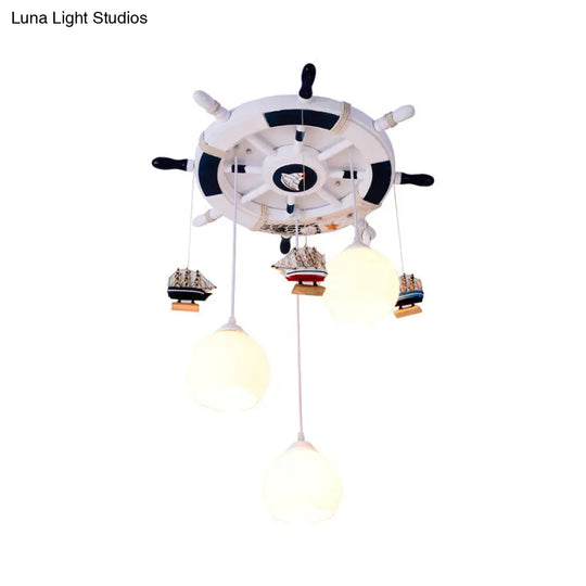 Cartoon Cream Glass Globe Flush Ceiling Light – 3 Bulb Child Room Led Mount With Rudder Decor