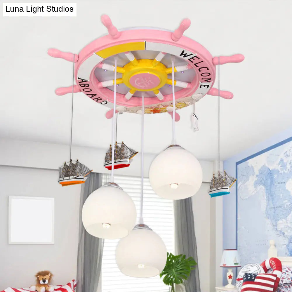 Cartoon Cream Glass Globe Flush Ceiling Light 3 Bulb Child Room Led Mount With Rudder Decor Pink /