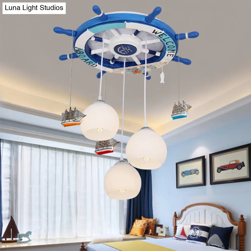 Cartoon Cream Glass Globe Flush Ceiling Light 3 Bulb Child Room Led Mount With Rudder Decor Blue /